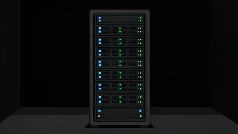 A server rack with blinking status lights in a dimly lit data center room