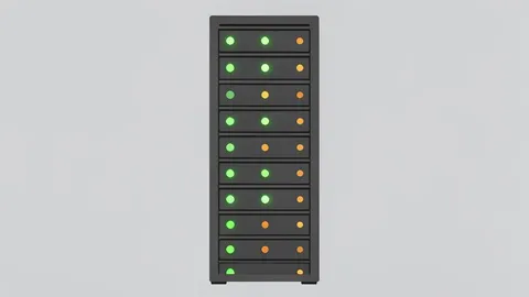 A server rack with blinking status lights