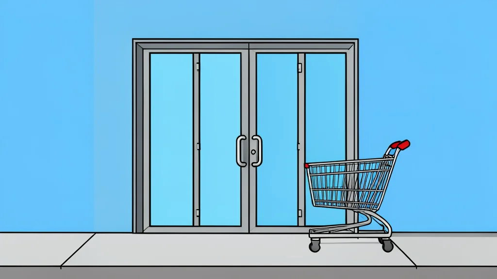 A retail store entrance with glass doors and a shopping cart parked outside