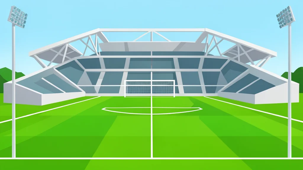 A vast, modern football stadium with vibrant green grass and stark white goalposts under a clear sky.
