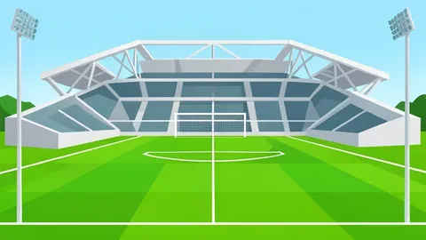A vast, modern football stadium with vibrant green grass and stark white goalposts under a clear sky.