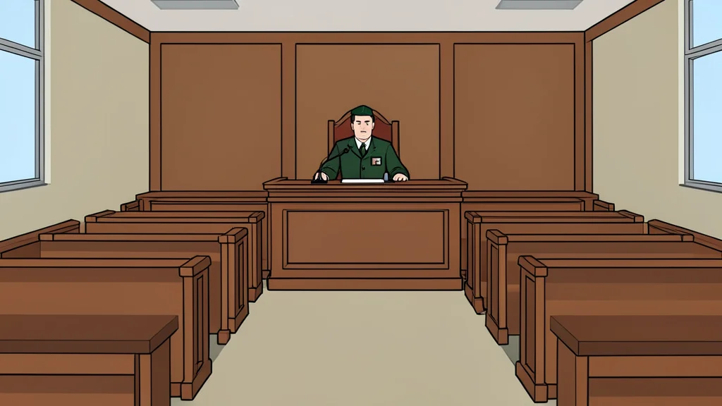 A quiet, empty military courtroom with wooden benches and a judge's bench under soft, neutral lighting.