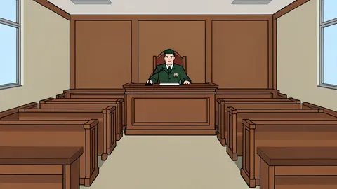 A quiet, empty military courtroom with wooden benches and a judge's bench under soft, neutral lighting.