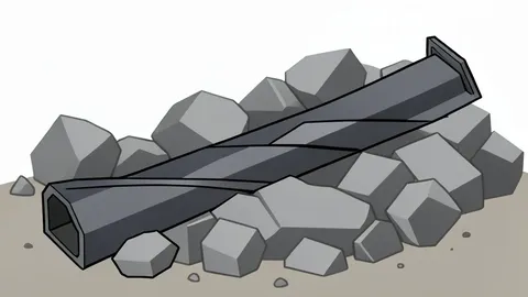 A twisted steel beam lying in a pile of grey rubble and dust