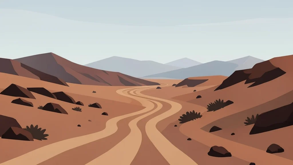 A rugged, arid landscape with winding dirt roads and distant mountain ranges under a hazy sky