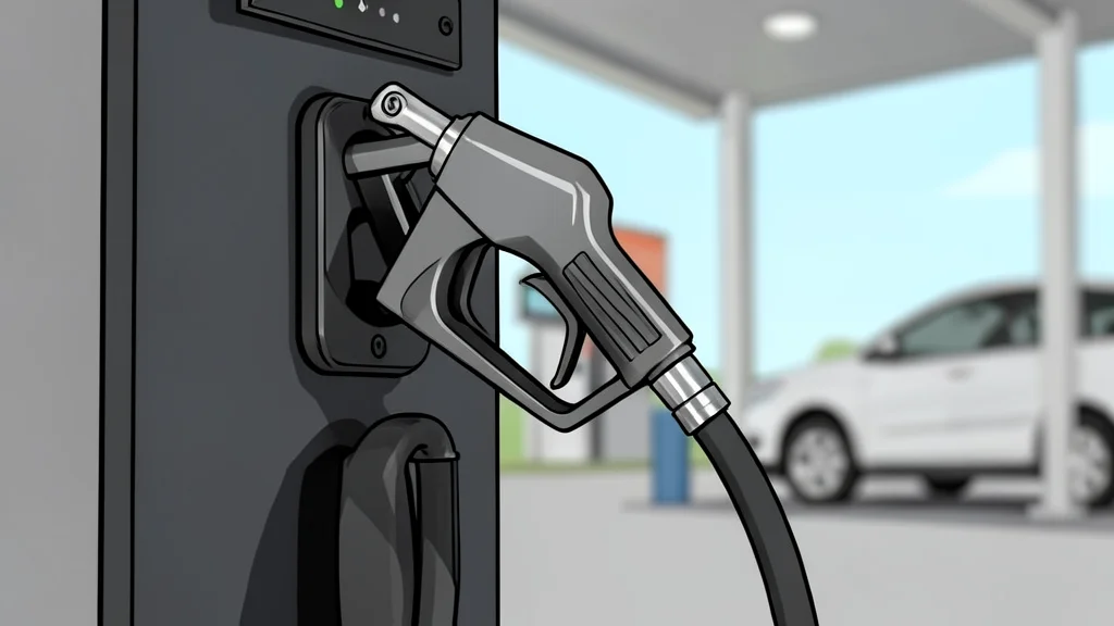 A fuel pump nozzle resting in its holster at a gas station