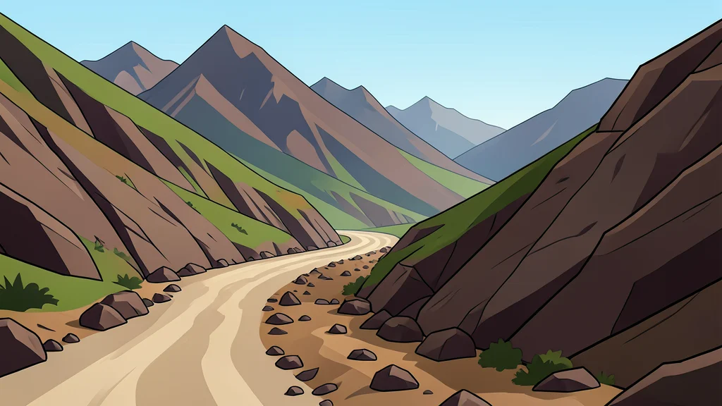 A rugged mountain pass along a border region with dusty roads and rocky terrain
