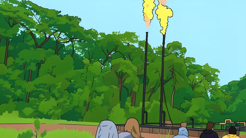 A tall vertical flame of gas burning from a metal pipe in a dense rainforest