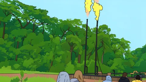 A tall vertical flame of gas burning from a metal pipe in a dense rainforest