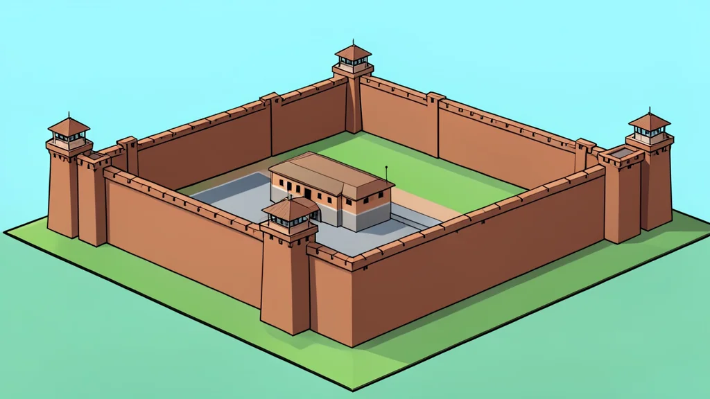 A fortified police station compound with high perimeter walls and watchtowers