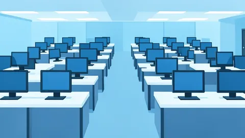A stylized trading floor with rows of desks and monitors in a flat vector style.