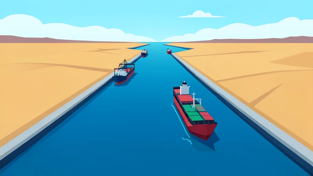 A flat vector illustration of oil tankers navigating a narrow strait between rocky cliffs.