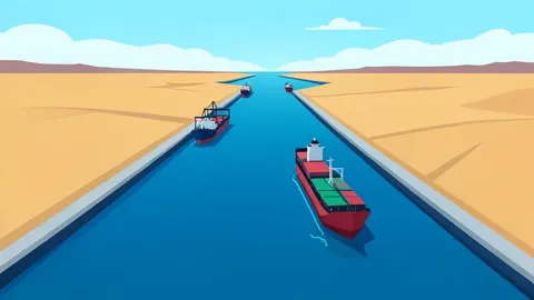 A flat vector illustration of oil tankers navigating a narrow strait between rocky cliffs.