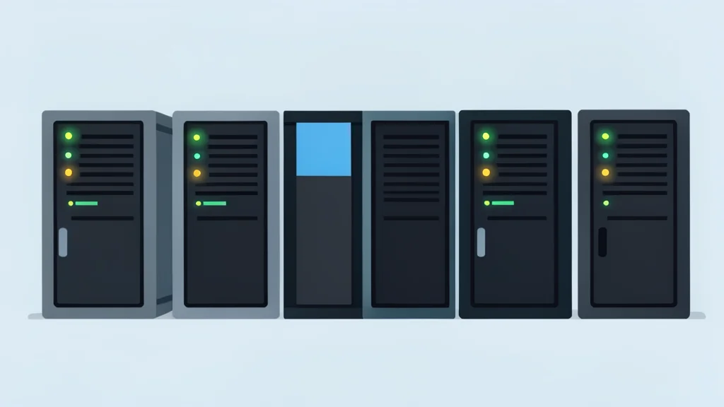 A row of industrial cryptocurrency mining rigs with glowing status lights