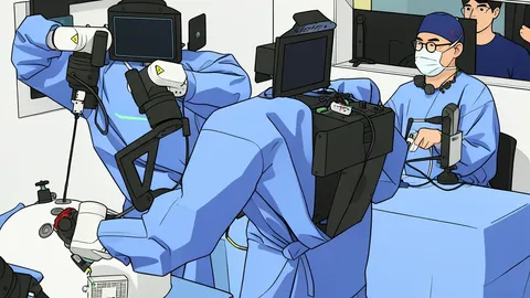 Two humanoid robots wearing blue surgical gowns standing beside a surgical table