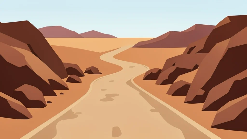A dusty, unpaved road winding through arid, rocky terrain in a desert landscape