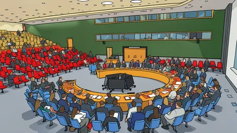 A diplomatic meeting table with two national flags and a coffee service