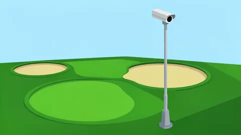A flat vector illustration of a miniature golf course with sand traps and a security camera on a pole.