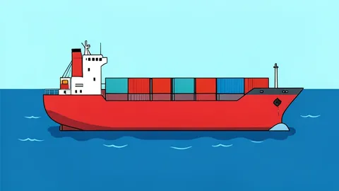 A flat-vector illustration of a cargo ship navigating through choppy red sea waters with distant missile trails in the sky.