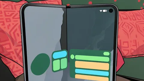 A thin, rectangular smartphone with a visible hinge mechanism, lying flat on a neutral surface