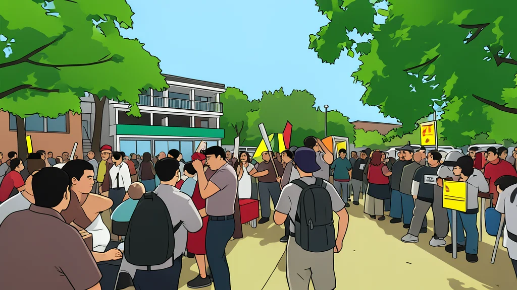 A large crowd of people marching on a paved street in front of a government building