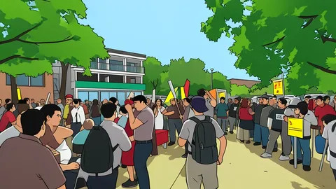 A large crowd of people marching on a paved street in front of a government building
