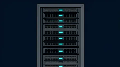 A row of industrial server racks with blinking status lights in a dark data center