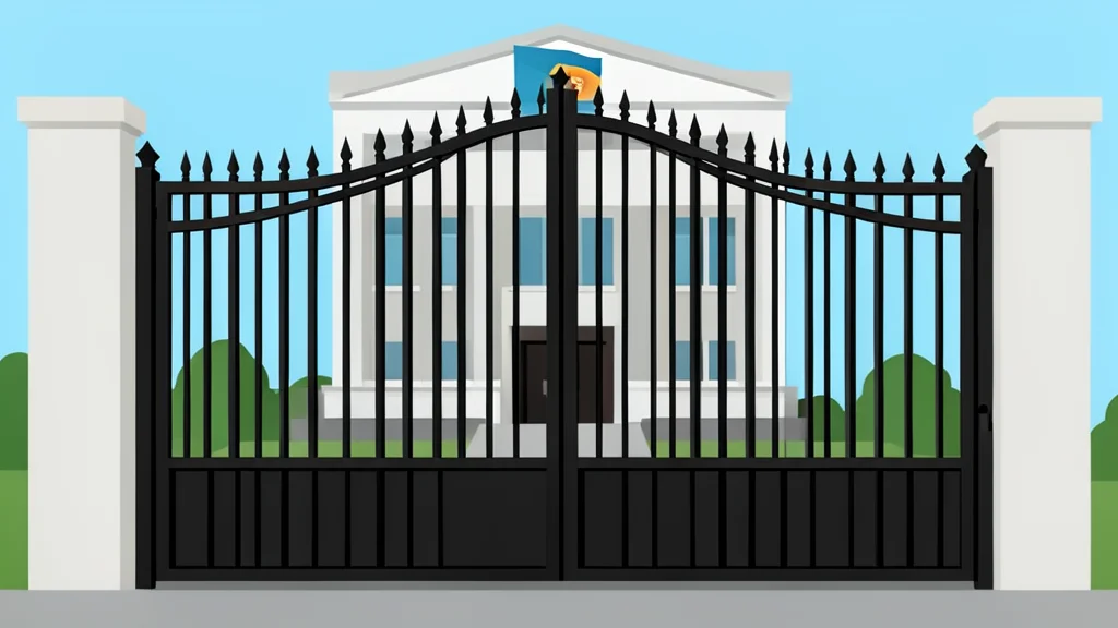 A heavy, closed iron gate belonging to a government building