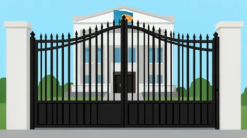 A heavy, closed iron gate belonging to a government building