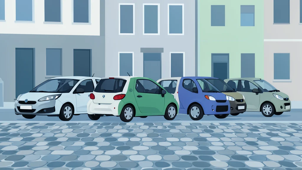 A row of compact electric vehicles parked on a European city street