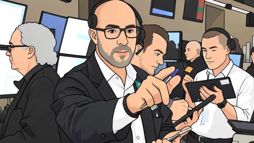A flat vector illustration of a trading floor with rows of desks and computer monitors.