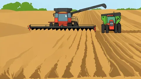 A combine harvester moving through a field of tall, golden corn stalks under a cloudy sky