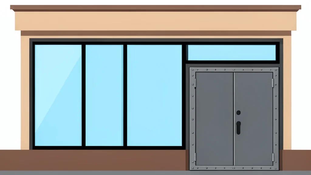 A traditional brick-and-mortar bank branch facade with large glass windows and a heavy metal vault door