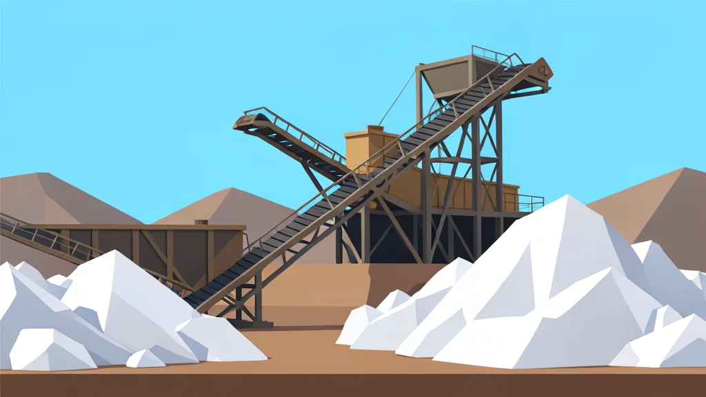 A large industrial mining facility with conveyor belts and piles of white crystalline rock
