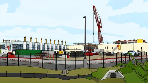 A large industrial gas turbine engine situated in an open field