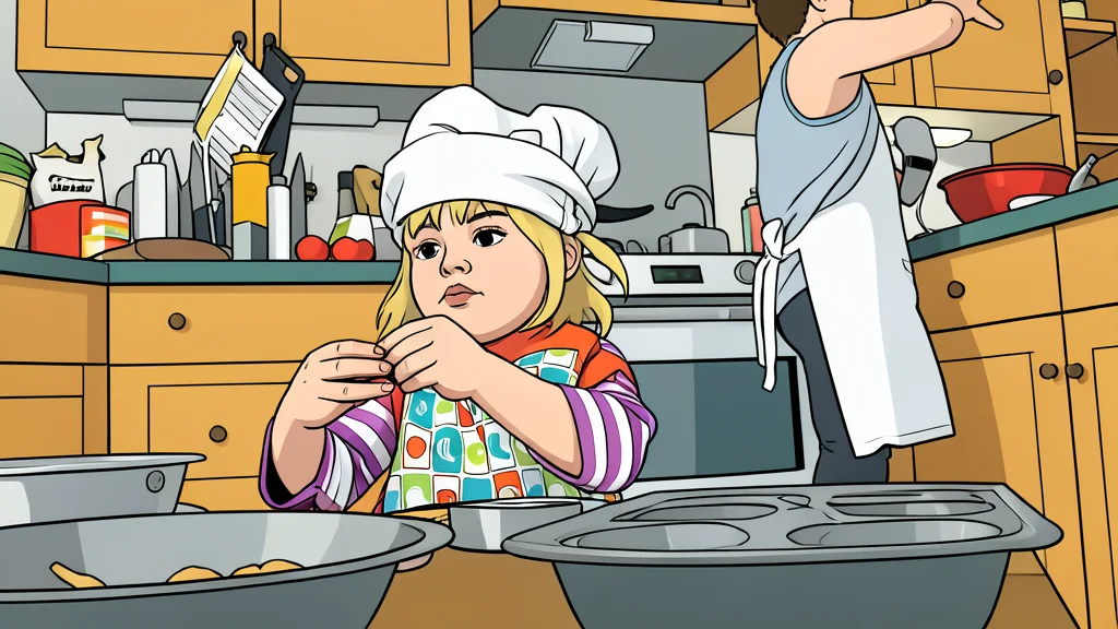 A kitchen table with a bowl of food and a mop leaning against the wall