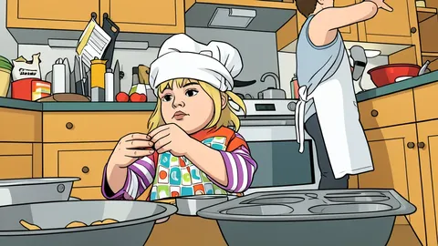 A kitchen table with a bowl of food and a mop leaning against the wall