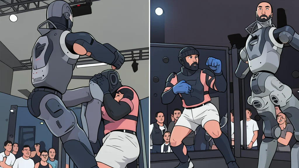 A metallic bipedal robot standing inside a mixed martial arts cage.