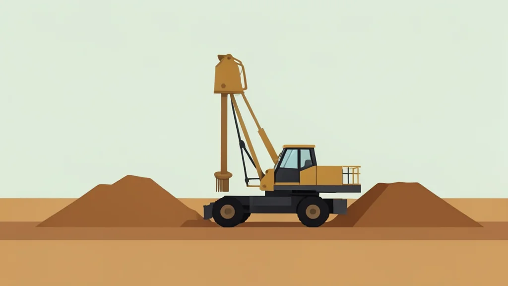 A drilling rig standing in a dry, open field with piles of excavated earth nearby