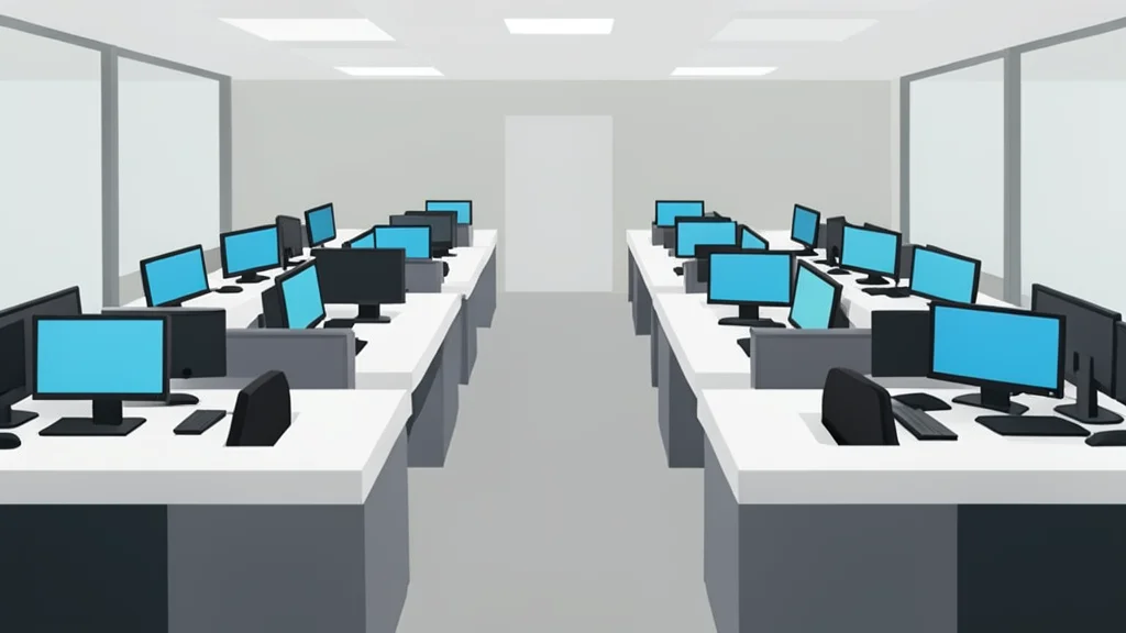 A flat vector illustration of a trading floor with rows of empty desks and monitors.