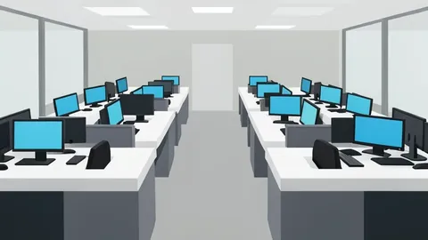 A flat vector illustration of a trading floor with rows of empty desks and monitors.