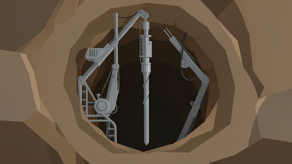 Underground gold mine shaft with heavy industrial drilling equipment and rock walls