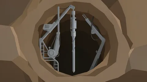 Underground gold mine shaft with heavy industrial drilling equipment and rock walls