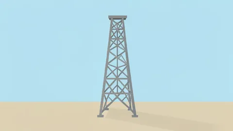 A single oil derrick standing in a flat, open landscape