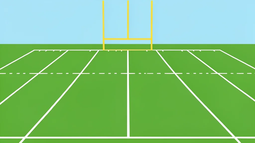A flat vector illustration of a grassy American football field with white yard lines and goalposts at the end zone