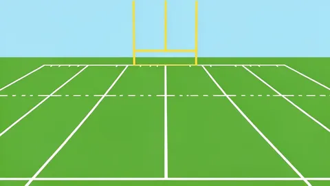 A flat vector illustration of a grassy American football field with white yard lines and goalposts at the end zone