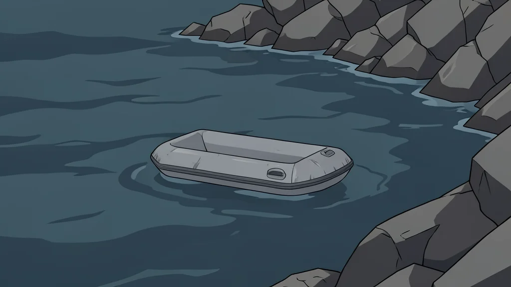 A small inflatable dinghy floating on choppy grey sea water near a rocky coastline
