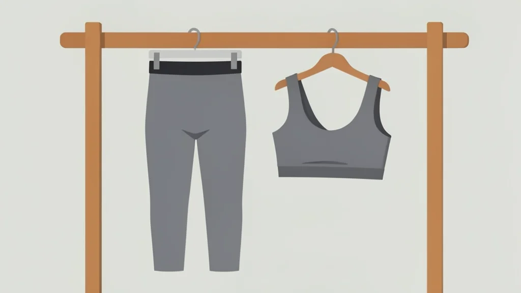 A pair of grey athletic leggings and a matching sports bra hanging on a wooden rack in a minimalist retail store