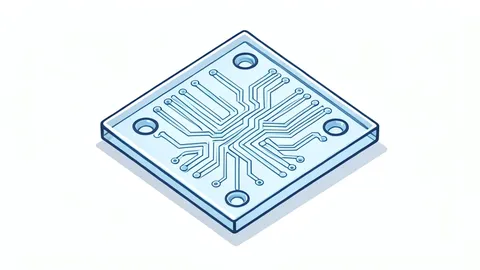 A flat vector illustration of a laboratory bench featuring microfluidic chips and pipettes.