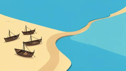 A flat-vector illustration of a sandy shoreline with small wooden fishing boats and a narrow strait connecting two bodies of water.